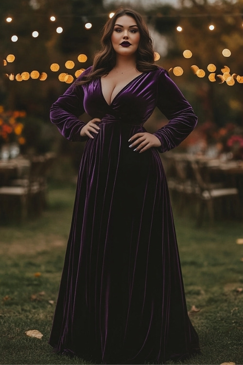 a plus size woman wears a purple velvet wedding guest dress with a plunging neckline