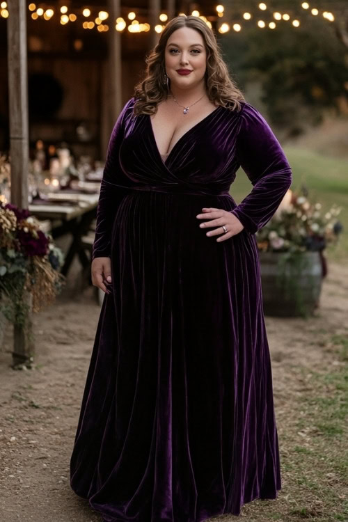 a plus size woman wears a purple velvet wedding guest dress with long sleeves and a wrap style