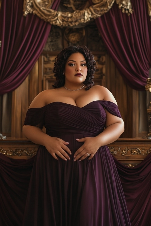 a plus size woman wears a purple wedding guest dress with an off shoulder design