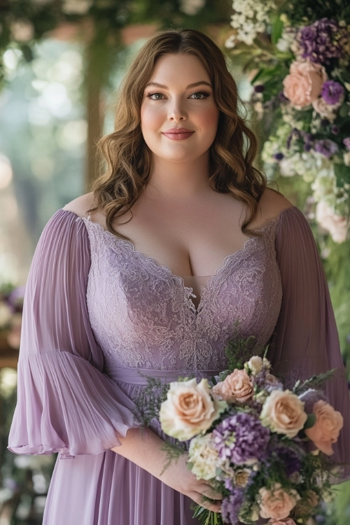 a plus size woman wears a purple wedding guest dress with billowy sleeves