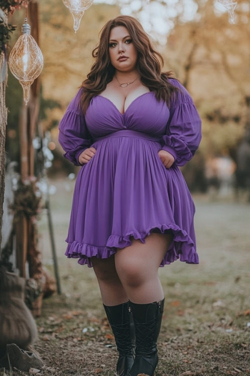 a plus size woman wears a purple wedding guest dress with black lace up boots