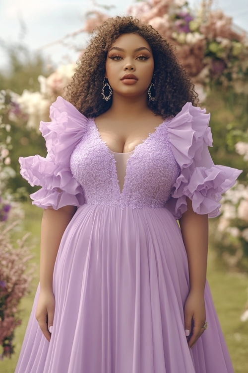 a plus size woman wears a purple wedding guest dress with ruffled sleeves