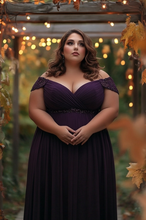 a plus size woman wears a purple wedding guest dress with short sleeves