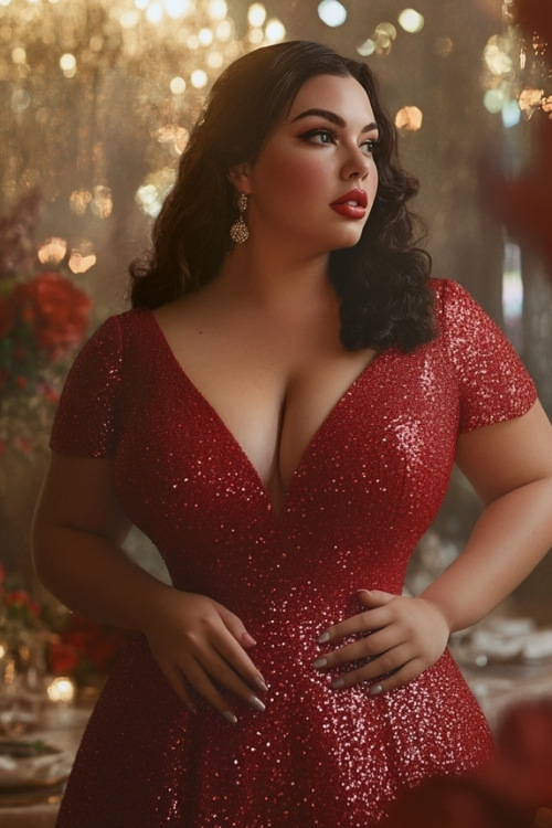 a plus size woman wears a red V neck sequin wedding guest dress with short sleeves