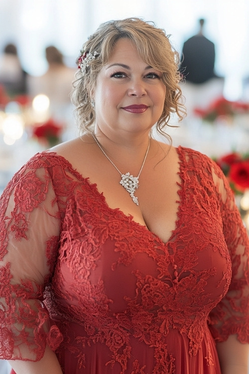 a plus size woman wears a red lace wedding guest dress with lace sheer sleeves