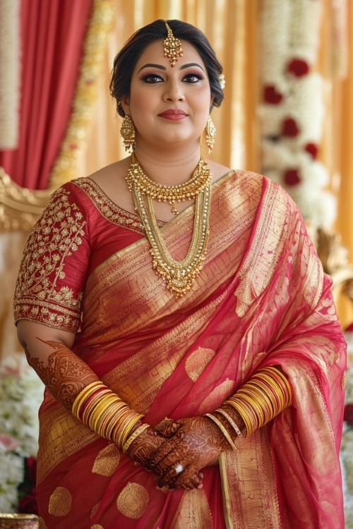 a plus size woman wears a red lehenga as wedding guest dress with a matching dupatta (2)