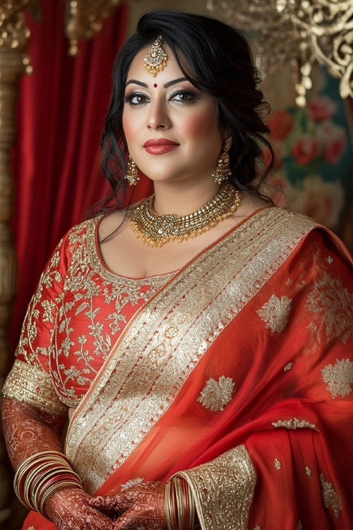 a plus size woman wears a red lehenga as wedding guest dress with a matching dupatta