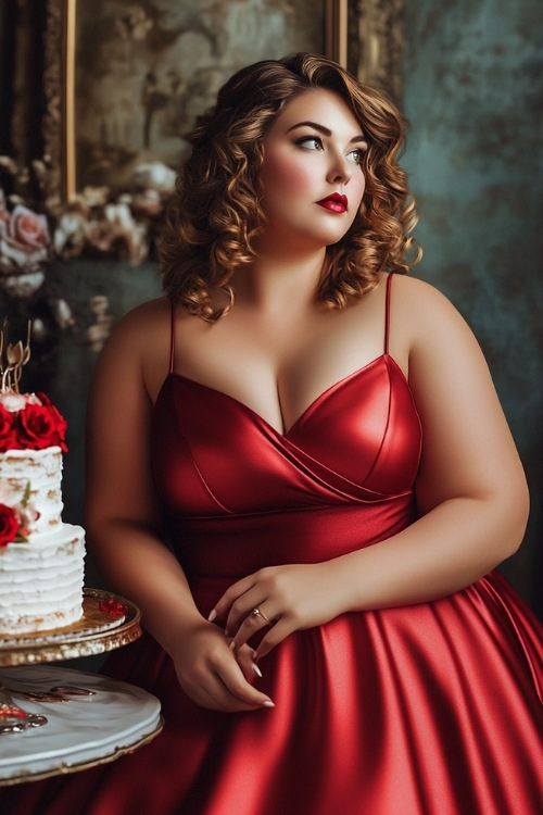 a plus size woman wears a red satin wedding guest dress with thin straps (2)