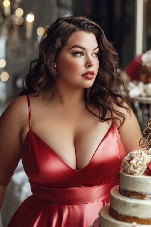 a plus size woman wears a red satin wedding guest dress with thin straps