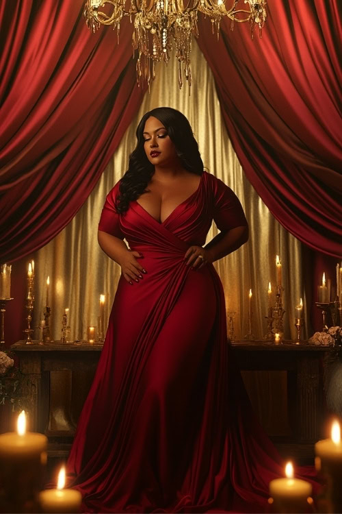 a plus size woman wears a red wedding guest dress and a wrap style