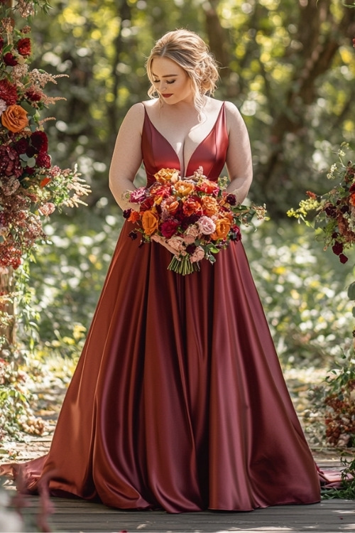 a plus size woman wears a red wedding guest dress with a plunging neckline