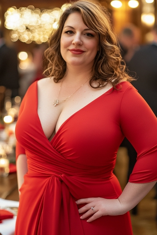 a plus size woman wears a red wrap style wedding guest dress with long sleeves (2)