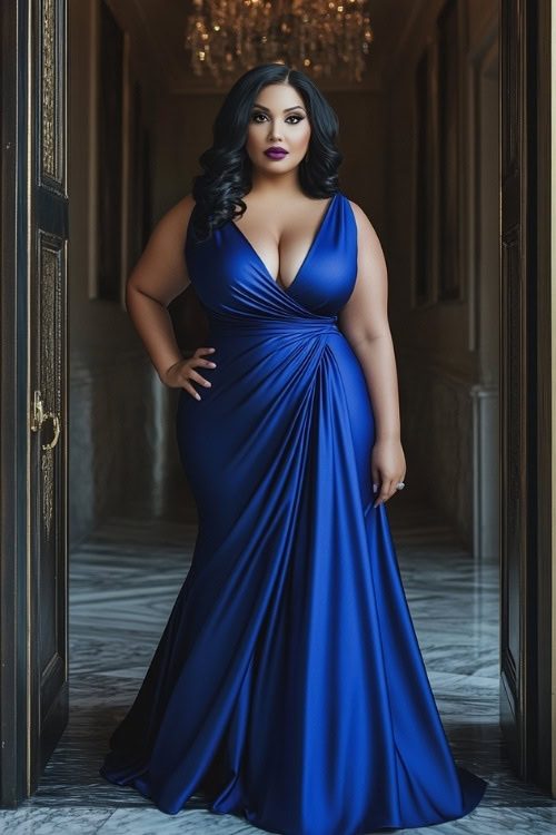 a plus size woman wears a royal blue wedding guest dress with a pluging neckline