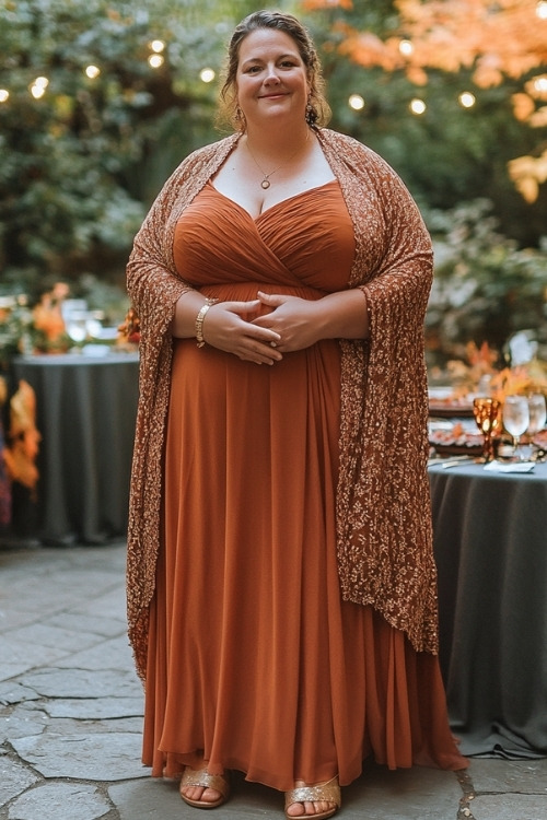 a plus size woman wears a rust wedding guest dress, a shawl with golden heels (2)