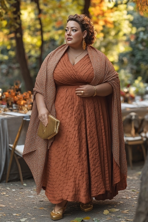 a plus size woman wears a rust wedding guest dress, a shawl with golden heels