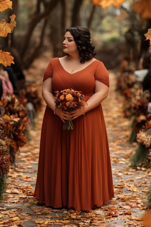 a plus size woman wears a rust wedding guest dress