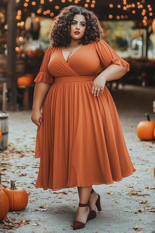 a plus size woman wears a rust wrap-style midi wedding guest dress with brown heels