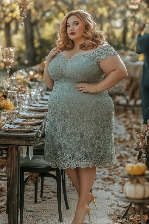 a plus size woman wears a sage green lace wedding guest dress with golden heels