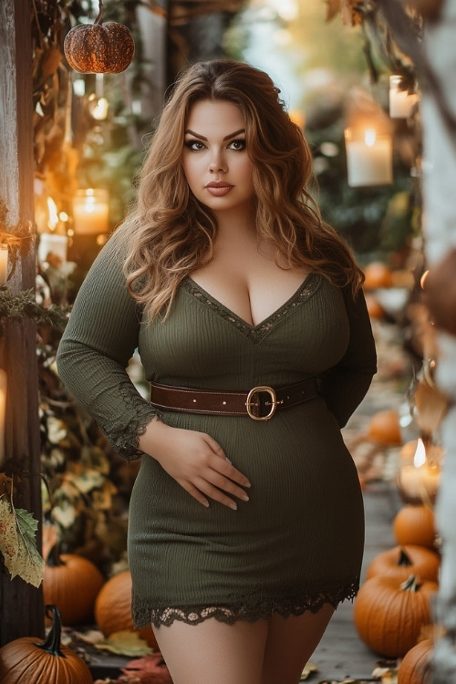 a plus size woman wears a short green wedding guest dress with a V neckline