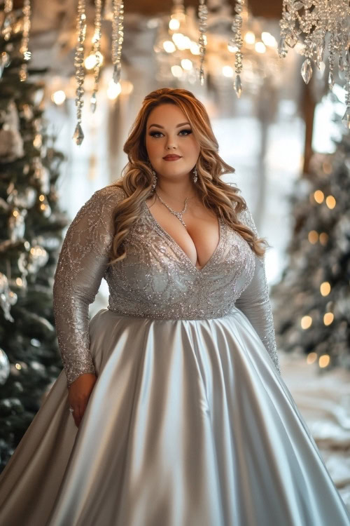 a plus size woman wears a silver long-sleeve embellished wedding guest dress with a plunging neckline