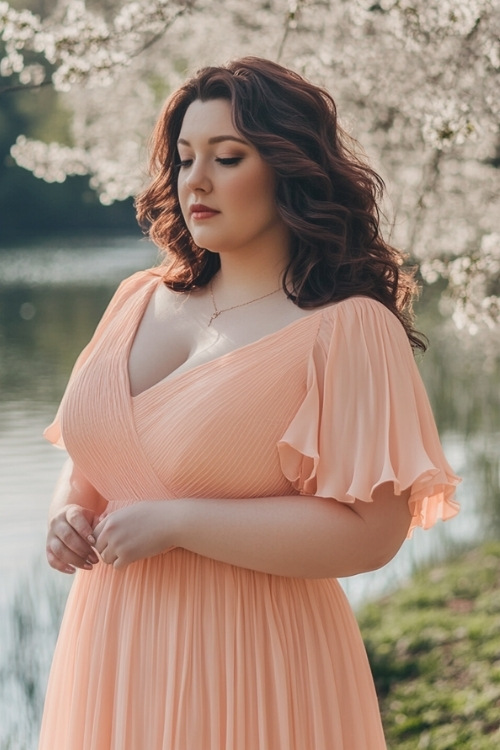 a plus size woman wears a soft peach wedding guest dress with flutter sleeves