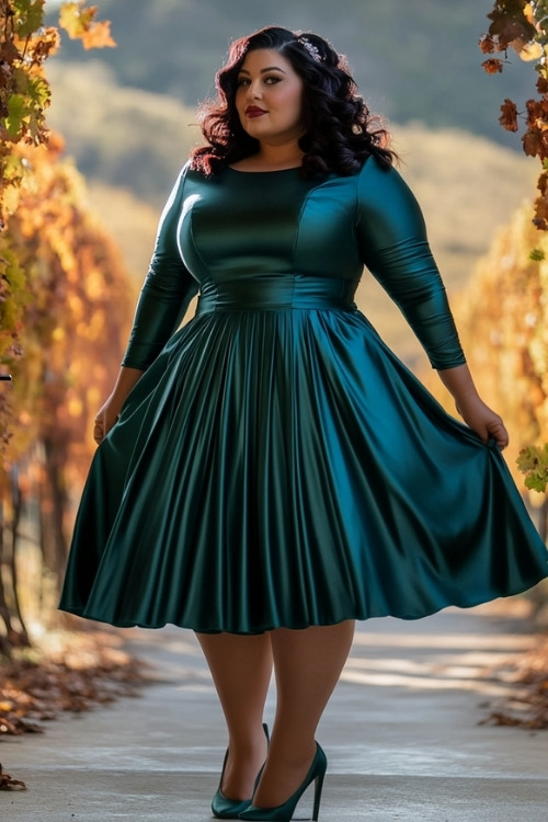 a plus size woman wears a teal satin wedding guest dress with matching heels