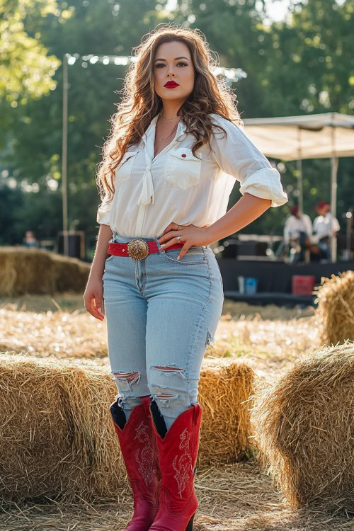 a plus size woman wears a white blouse with jeans and red cowboy boots