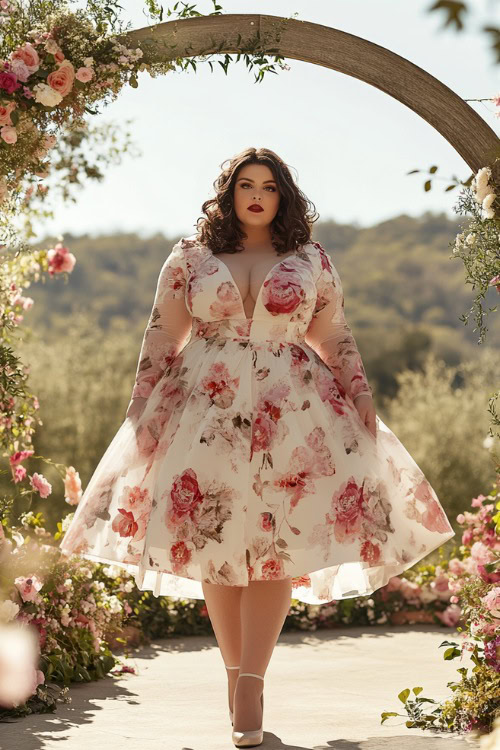 a plus size woman wears a white floral wedding guest dress with nude heels