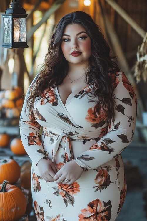 a plus size woman wears a white floral wedding guest dress