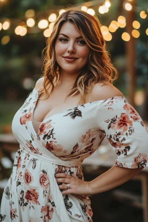 a plus size woman wears a white floral wrap style wedding guest dress with short sleeves (2)