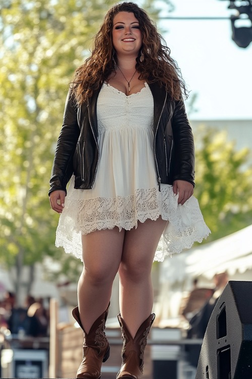 a plus size woman wears a white mini dress with black leather jacket and brown cowboy boots