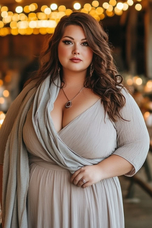 a plus size woman wears a wrap gray wedding guest dress with long sleeves