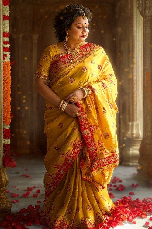 a plus size woman wears a yellow lehenga as wedding guest dress and a matching dupatta