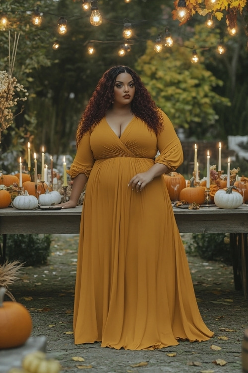 a plus size woman wears a yellow wedding guest dress with a wrap design