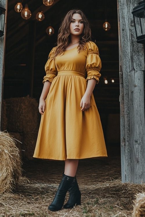 a plus size woman wears a yellow wedding guest dress with puff sleeves and black boots