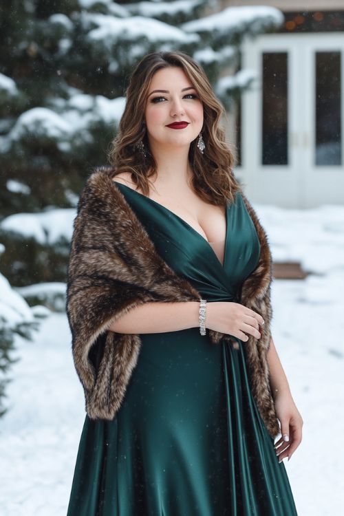 a plus size woman wears an emerald green wrap style wedding guest dress with a fur stole for winter wedding