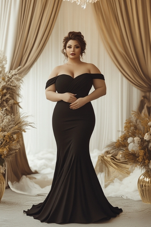 a plus size woman wears an off the shoulder black wedding guest dress with a mermaid silhouette