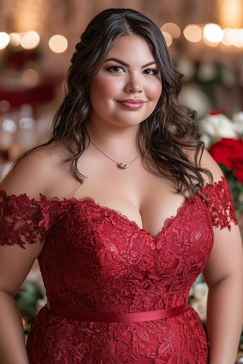 a plus size woman wears an off the shoulder red lace wedding guest dress