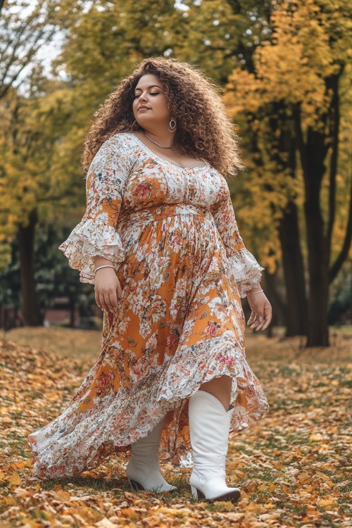 a plus size woman wears an orange and white long dress with white cowboy boots