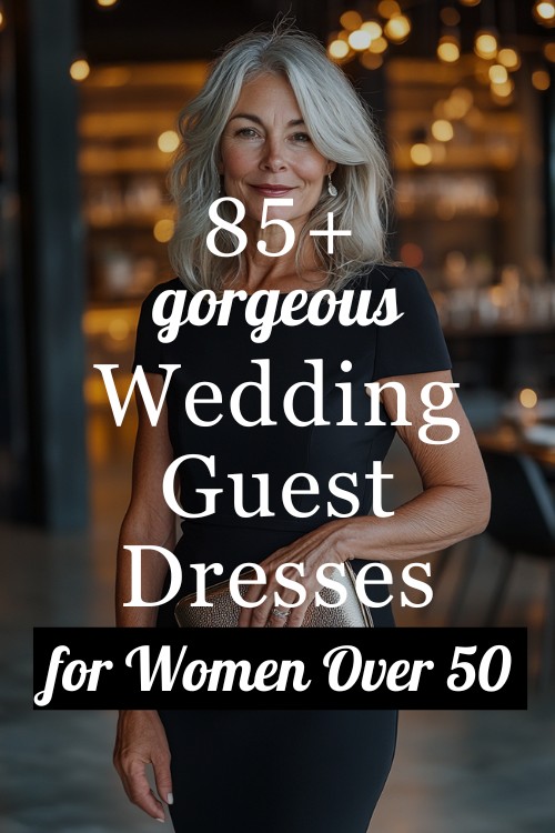 a woman over 50 wears a black wedding guest dress with a clutch