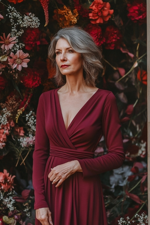 a woman over 50 wears a burgundy wrap-style wedding guest dress with long sleeves (2)