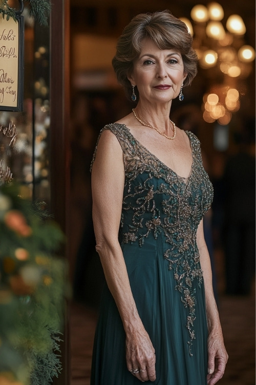 a woman over 50 wears a dark gree beaded sleeveless wedding guest dress