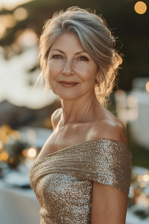 a woman over 50 wears a gold sequin wedding guest dress with an off the shoulder design