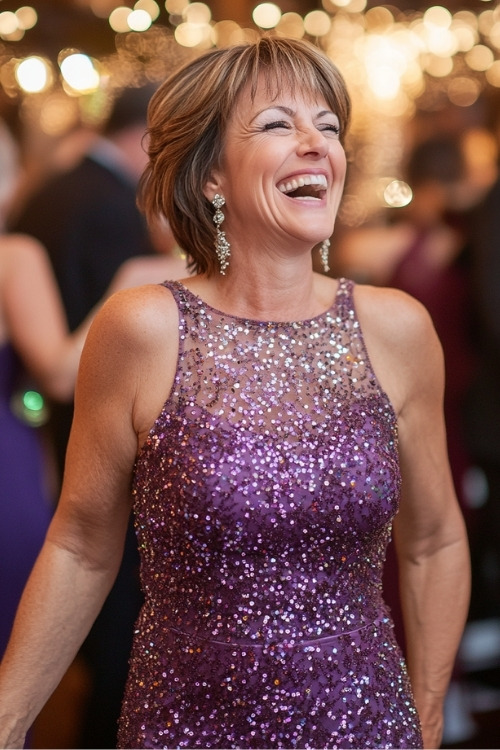 a woman over 50 wears a purple sequin sleeveless wedding guest dress