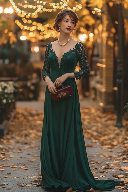 a woman wears a V neck green wedding guest dress with lace sleeves