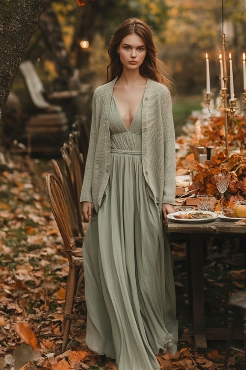 a woman wears a V neck light green wedding guest dress with a light cardigan