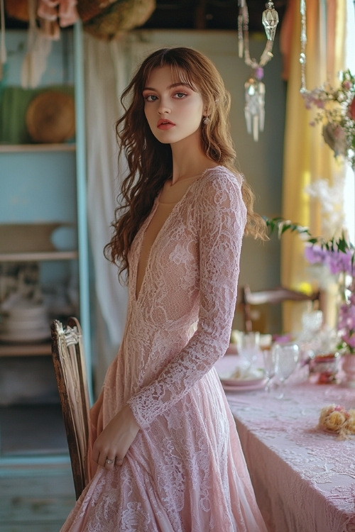 a woman wears a V neck light pink lace wedding guest dress with long sleeves