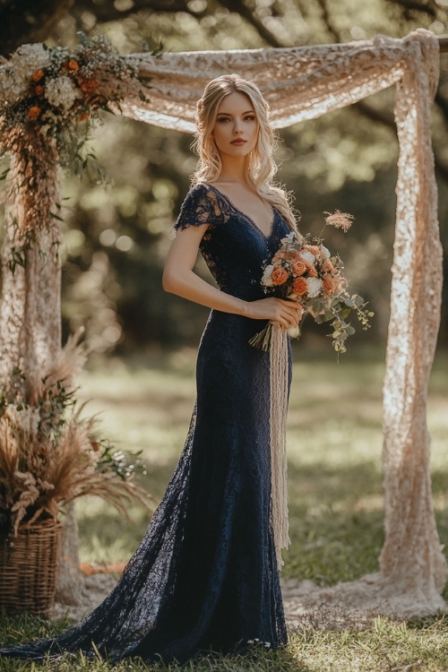 a woman wears a V neck navy blue lace wedding guest dress and short sleeves