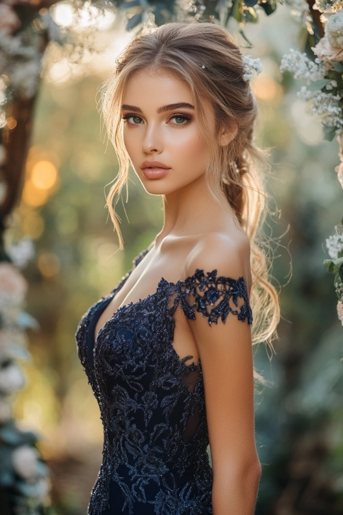 a woman wears a V neck navy blue lace wedding guest dress