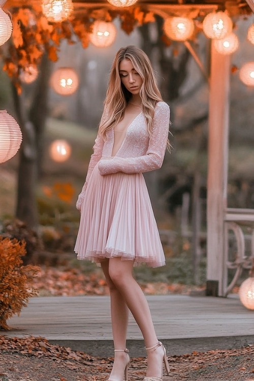 a woman wears a V neck pink wedding guest dress with long sleeves